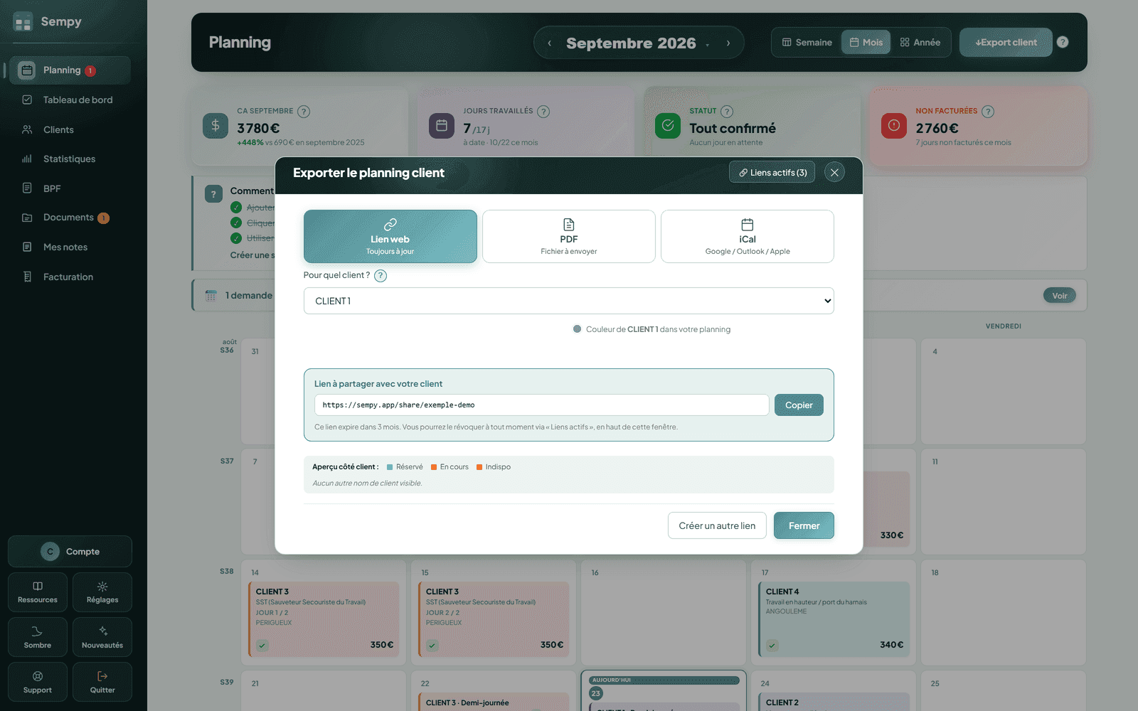 La fenêtre de partage du planning : lien web, PDF ou iCal